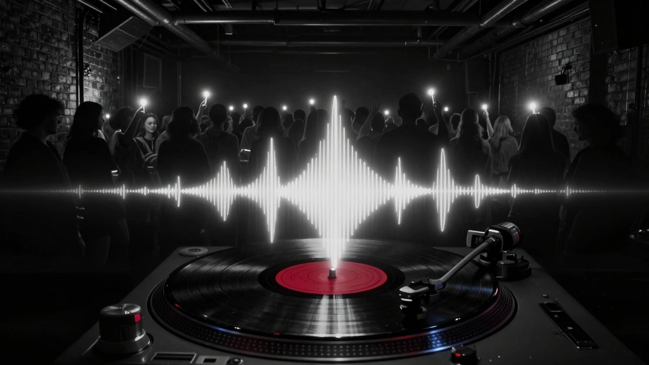 Vinyl record spinning in darkness, sound waves radiating with faint silhouettes of attendees.