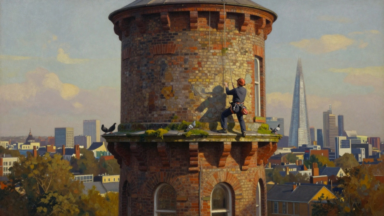 A climber ascending a tall brick water tower with a view of London’s skyline behind them, surrounded by moss and pigeons.
