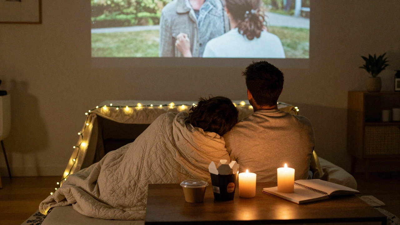 A couple relaxing in a blanket fort lit by fairy lights, watching a movie together in a softly lit living room.