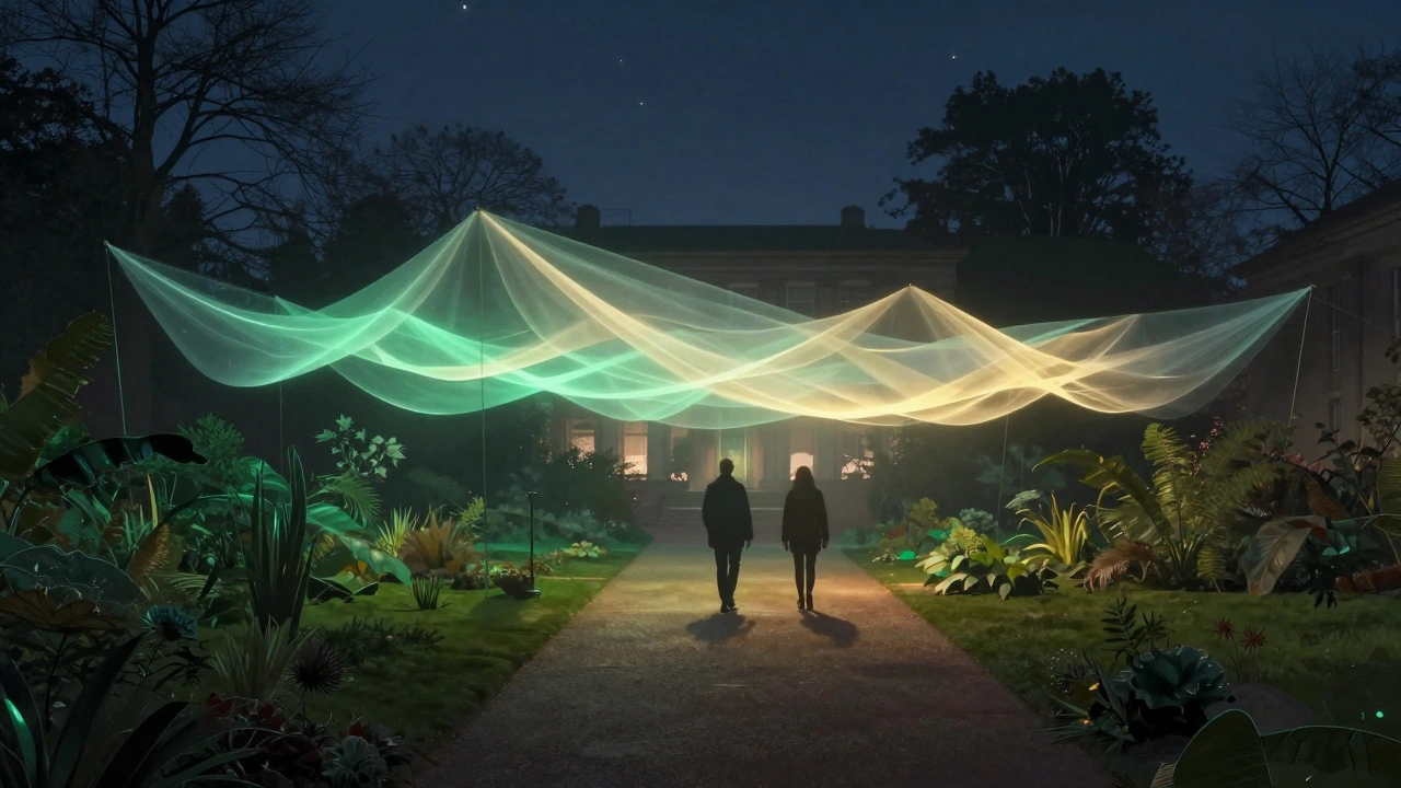 A glowing fabric canopy pulses with color above visitors walking through a moonlit garden at night.