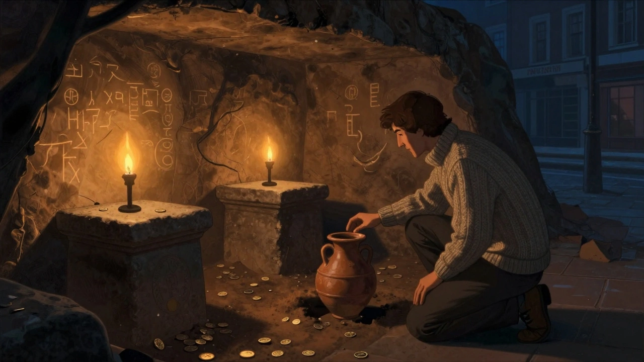 A hidden Roman temple beneath London streets, illuminated by torchlight with ancient artifacts visible.