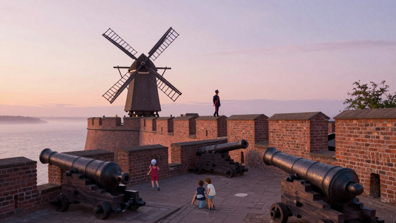A historic star-shaped fortress at dawn with a lone soldier marching on ramparts and a wooden windmill turning.