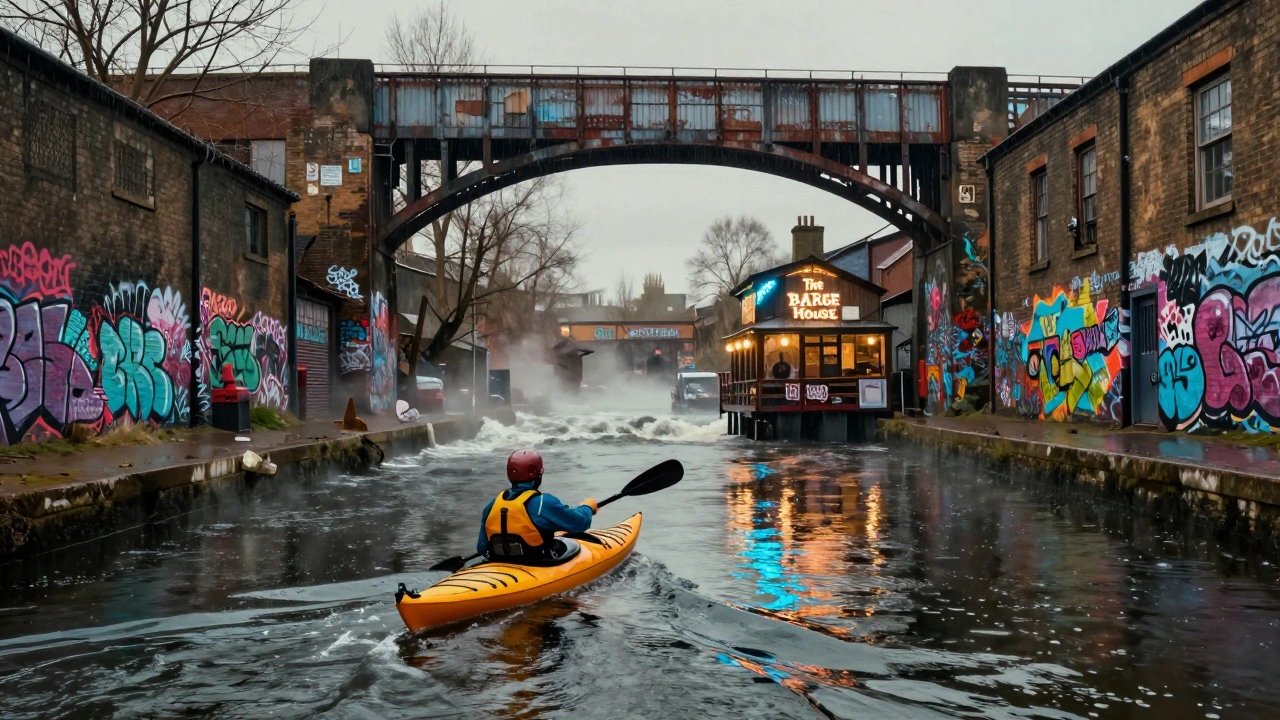 A kayaker paddling through a narrow industrial canal past graffiti-covered warehouses and a glowing floating pub.