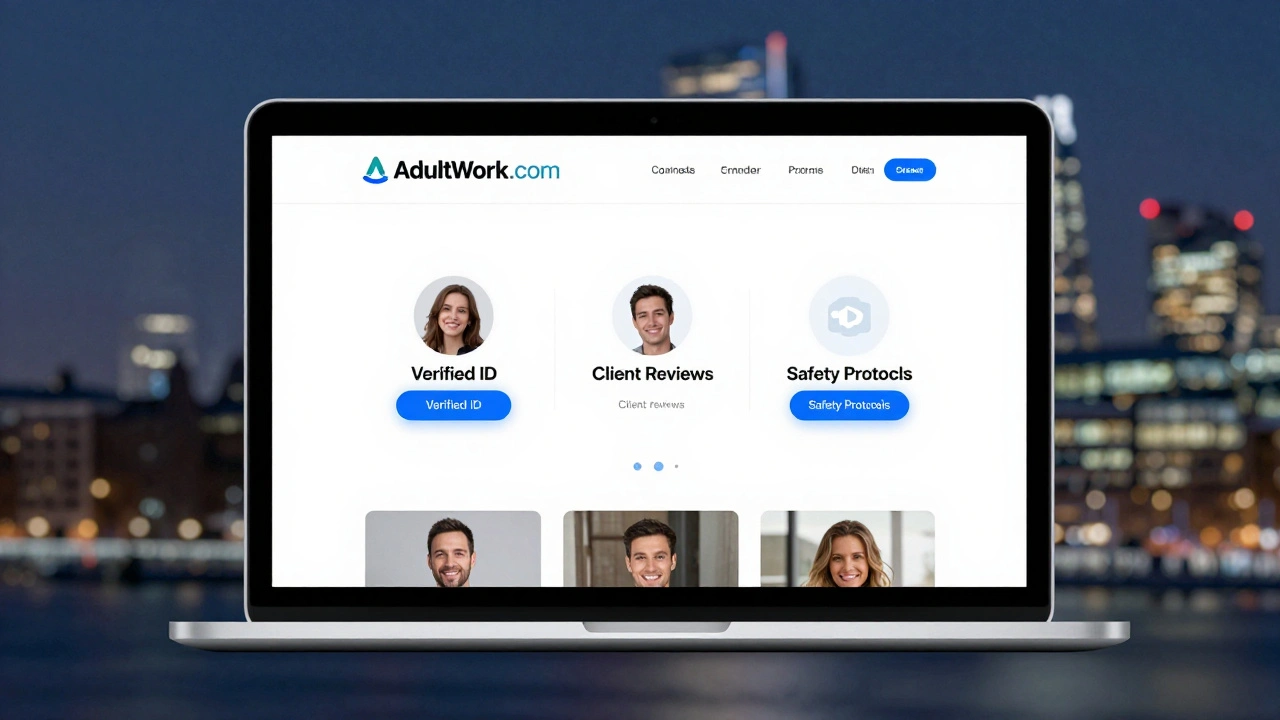 A laptop displaying a verified adult services website with safety badges and a London skyline in the background.