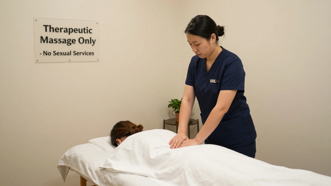 A licensed therapist preparing a therapeutic massage in a clean, professional room with clear signage.