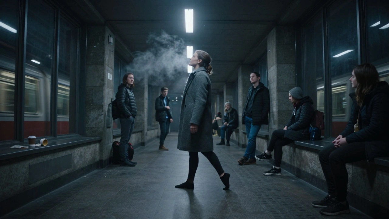 A lone dancer in a wool coat moves through a cold Barbican corridor, breath visible, lit by a single spotlight.