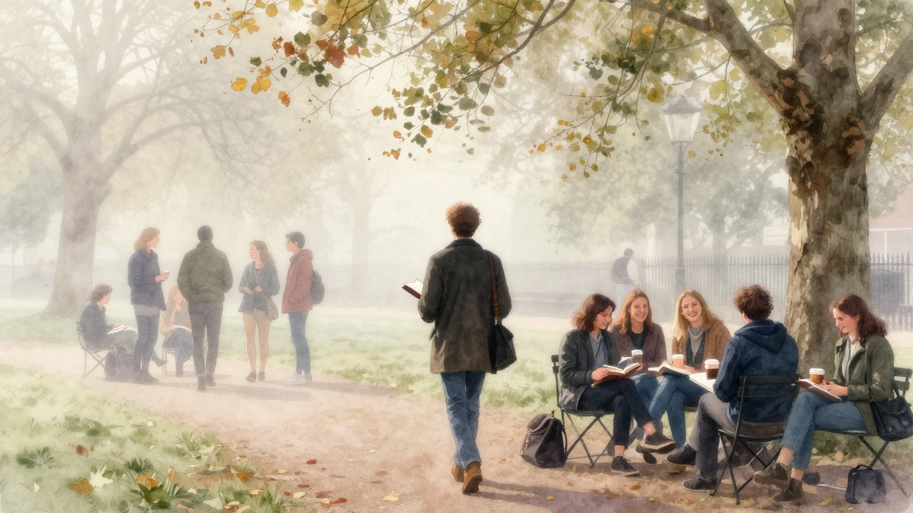 A person walking alone in a misty London park at dawn, with a social meetup group visible in the distance.
