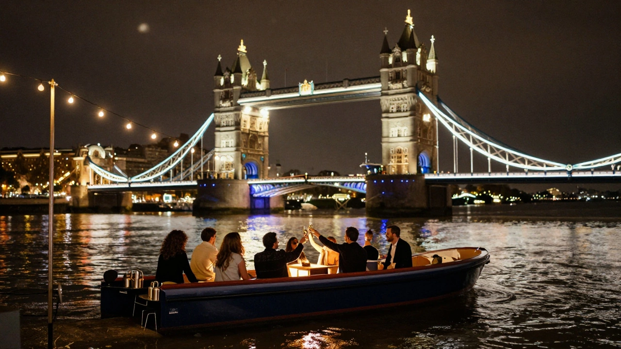 A private boat party on the Thames at night with Tower Bridge lit up in the background.
