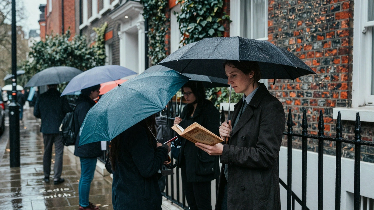 A rainy literary walk in Bloomsbury, a guide reading aloud under an umbrella beside a historic townhouse.