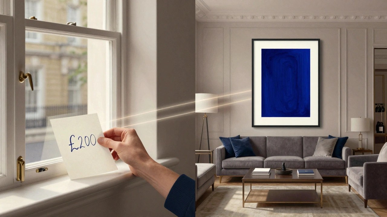 A small artwork growing in value and presence over five years, displayed first in a modest home, then in a luxurious living room.