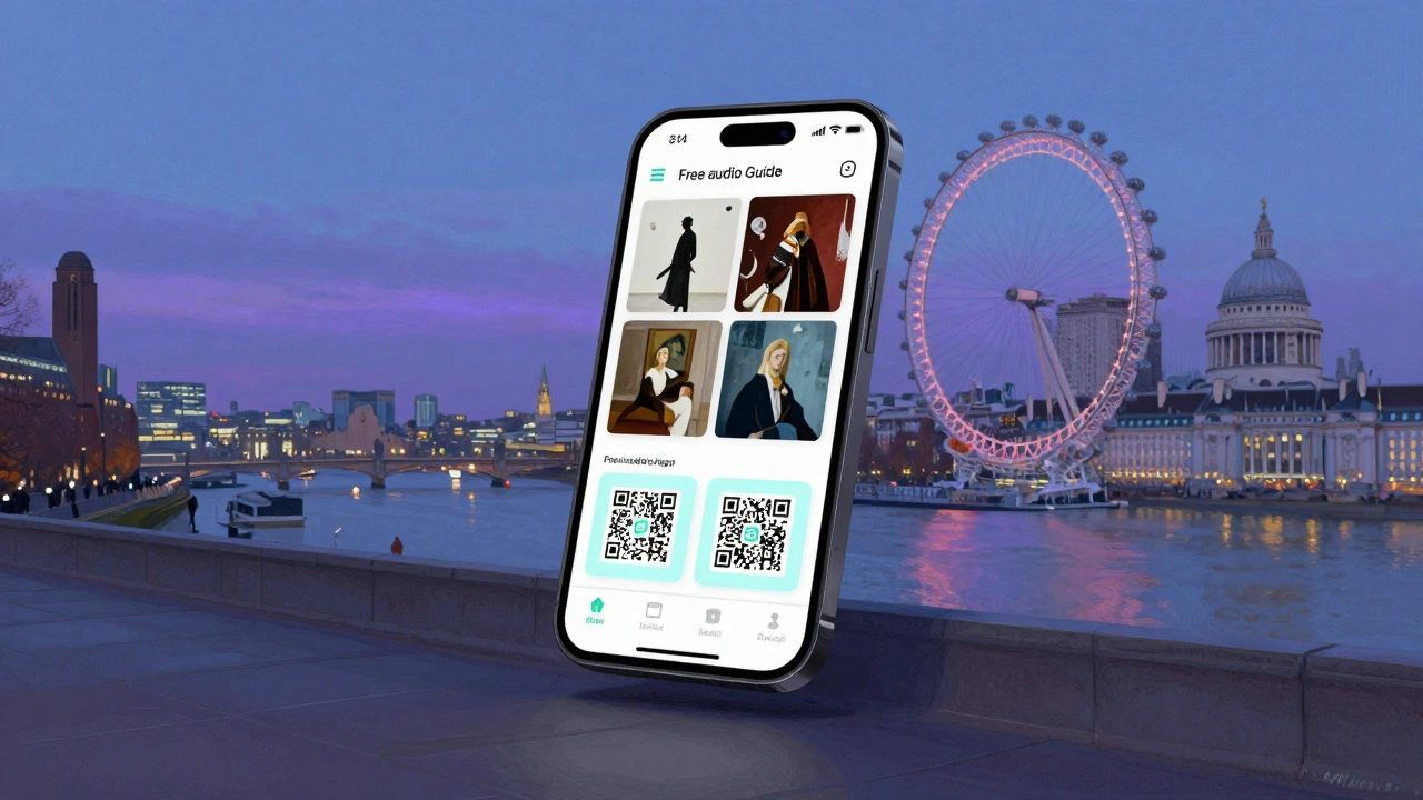A smartphone showing a free audio guide app with QR codes near artworks at Tate Modern at dusk.