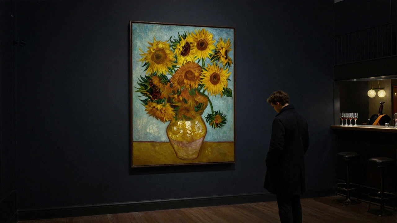 A solitary figure contemplating Van Gogh's 'Sunflowers' under a single spotlight in a dark gallery.