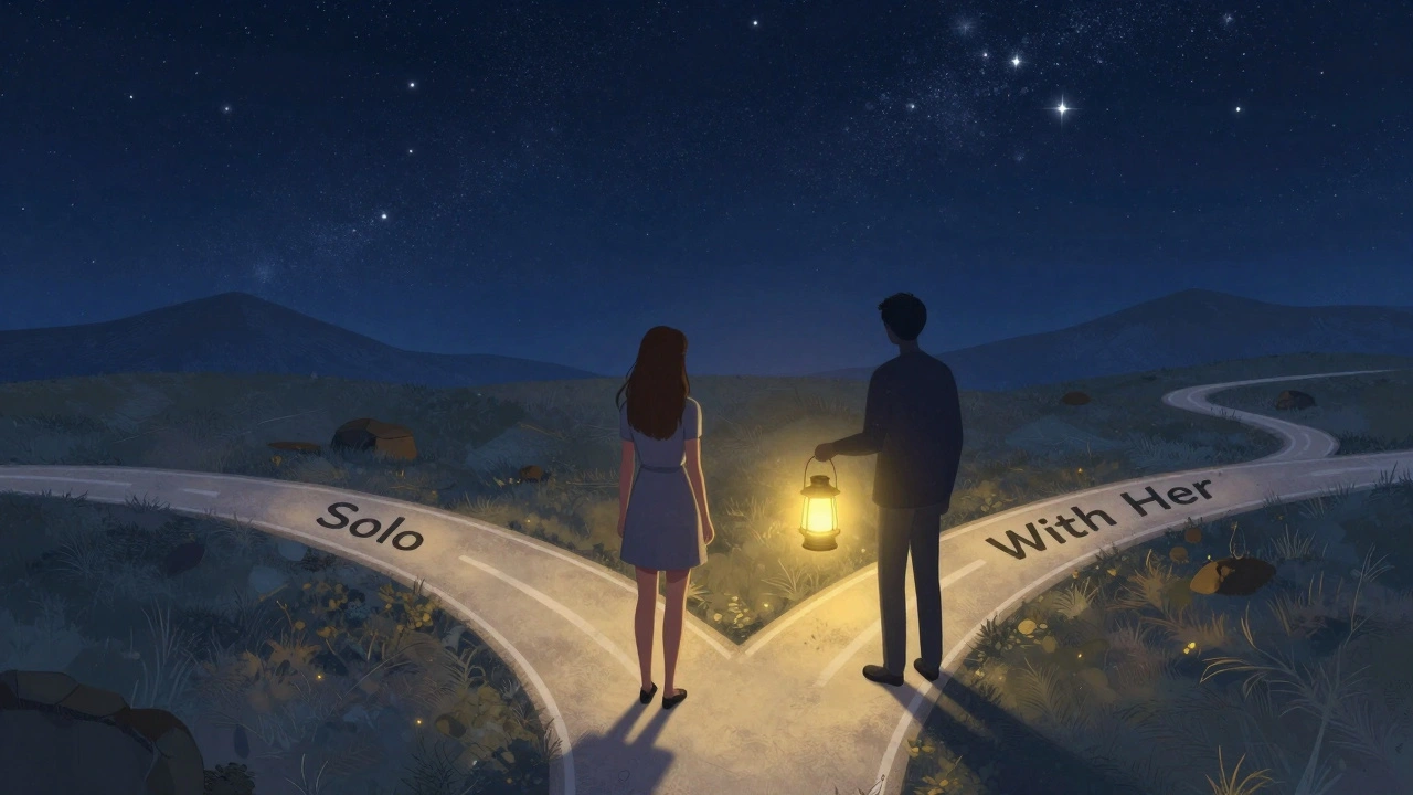 A woman at a crossroads, one path lit by a lantern held by a supportive companion.