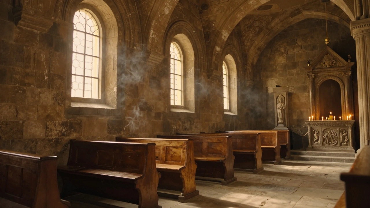 An ancient stone cathedral interior with golden light filtering through arches and incense smoke curling in the air.