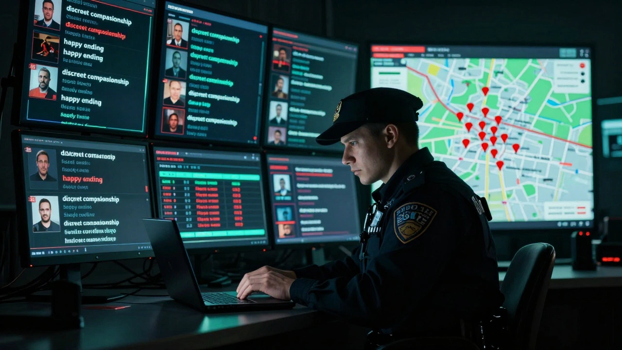 An officer monitoring digital ads for adult services on multiple screens in a police command center.