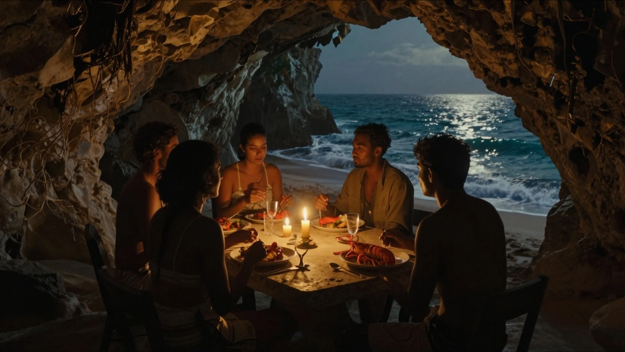 Candlelit dinner in a sea cave in Jamaica with ocean waves and fresh lobster.