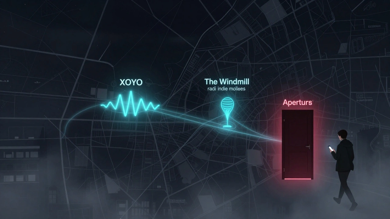 Conceptual map of London showing active night clubs as glowing hotspots at night.