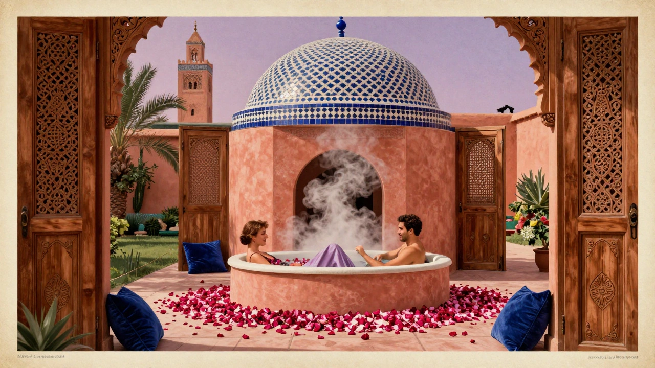 Couple relaxing in a rose petal hammam bath at a Marrakech riad under a mosaic dome.