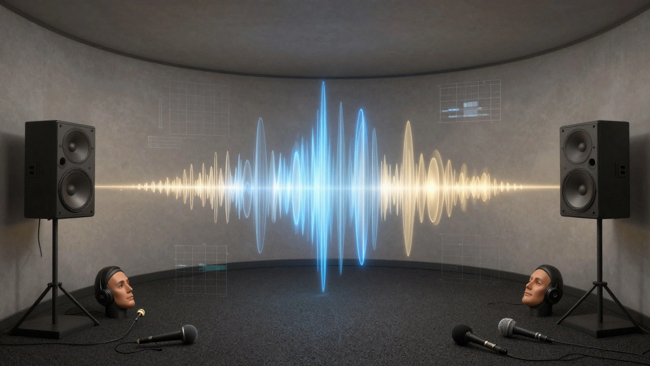 Cross-section of the club's acoustic design showing sound waves, curved walls, and testing equipment from 1991.