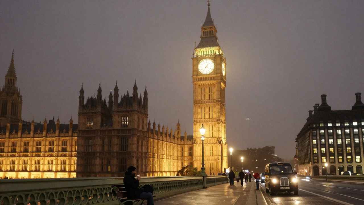 Elizabeth Tower lit at night, viewed from Lambeth Bridge with a quiet figure on the bench.