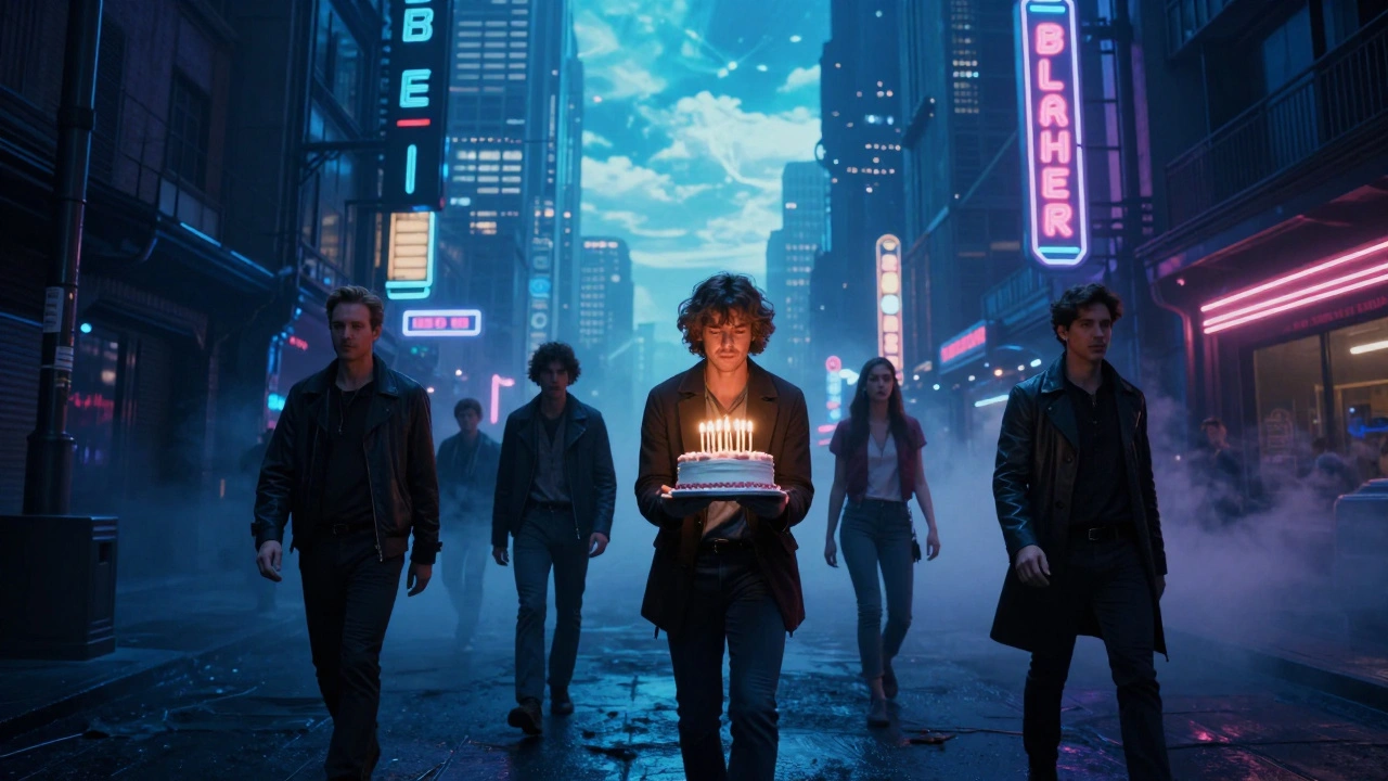 Guests in Blade Runner costumes holding a birthday cake at an immersive Secret Cinema event.