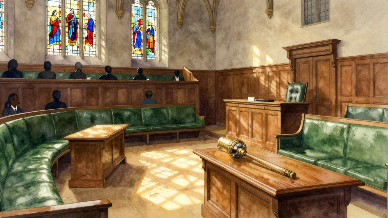 Interior of the Commons Chamber with green benches and the ceremonial mace on the table.