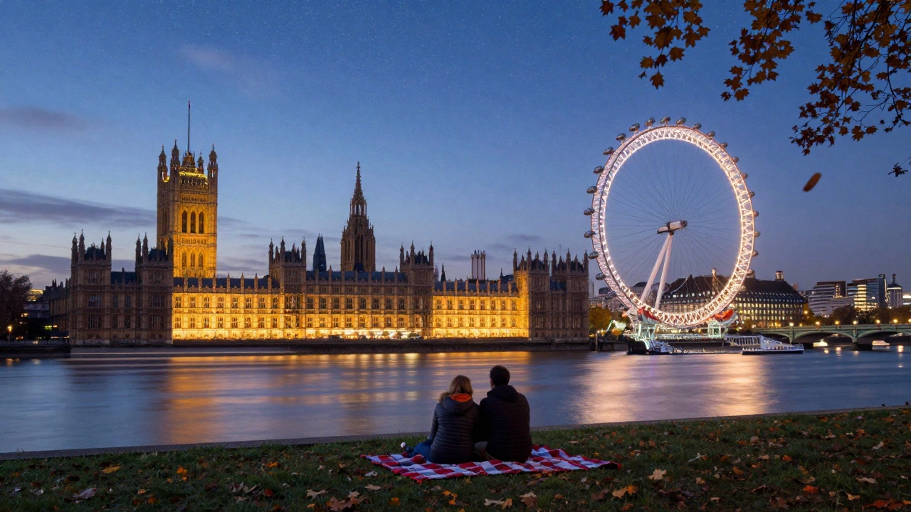 Parliament Hill at twilight showing Houses of Parliament and London Eye aligned over the Thames.