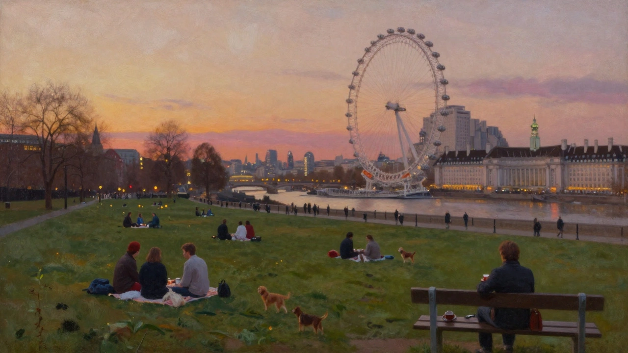 Primrose Hill at dusk with London skyline visible, people and dogs on the grass.