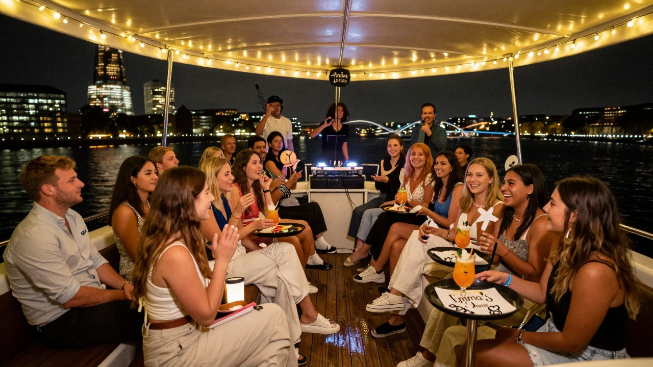 Private birthday celebration on a decorated boat with DJ and city lights in the background.