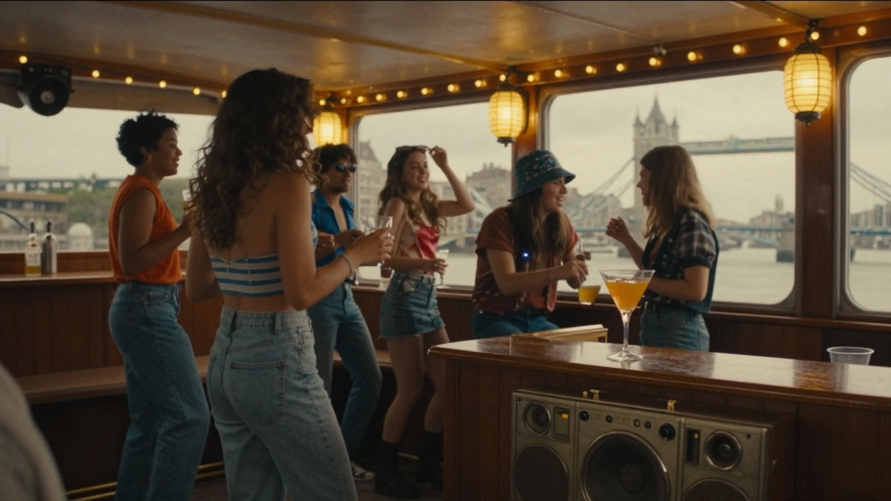 Retro-style boat party with guests dancing in 90s fashion as Tower Bridge passes by.