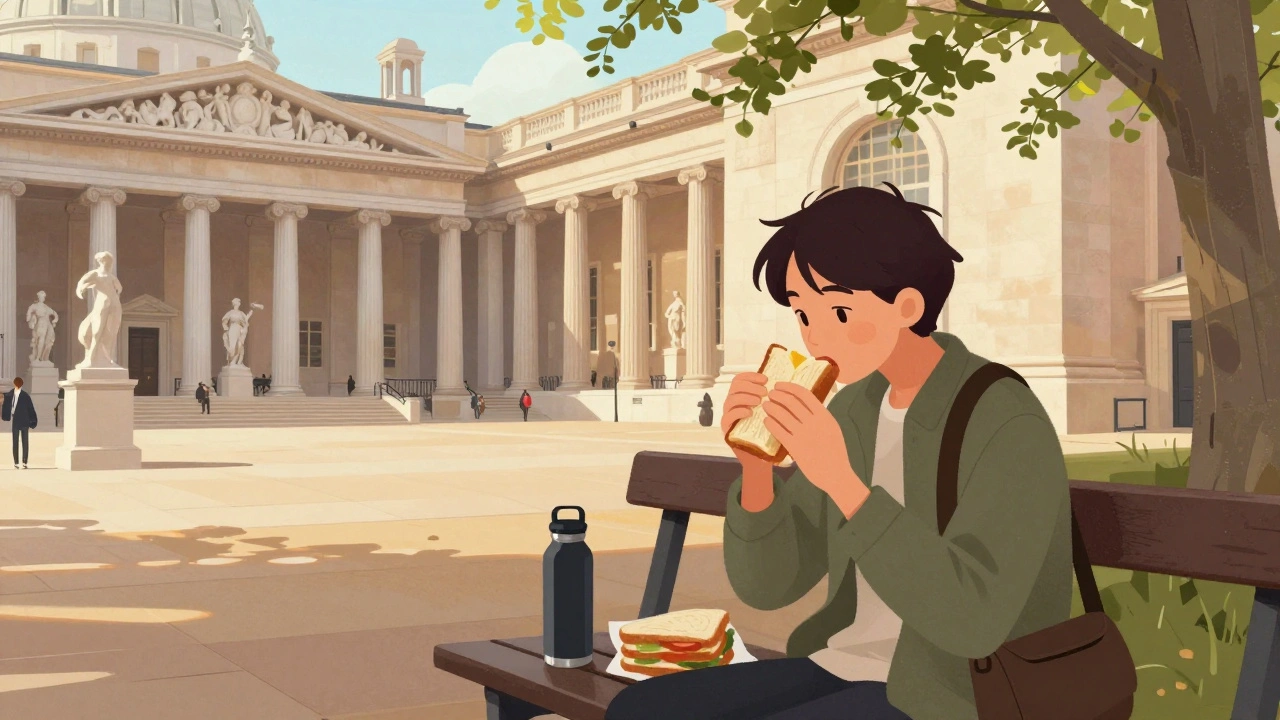 Someone eating a sandwich in the V&amp;A Museum courtyard with classical sculptures in the background.