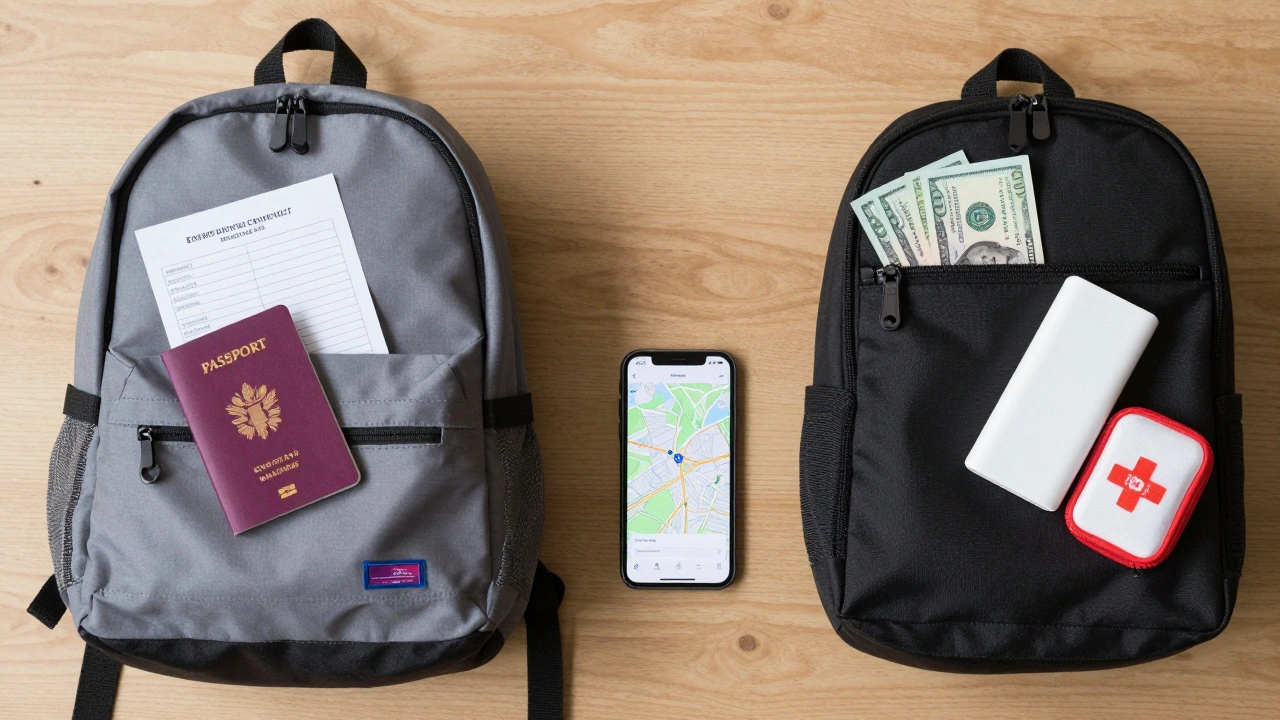 Split view of essential travel items separated between two bags for safety and preparedness.
