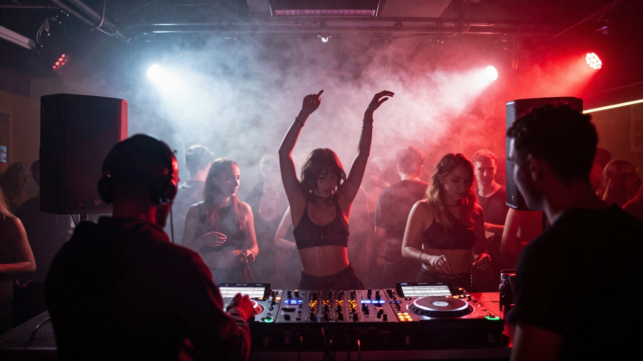 Techno DJ performing at XOYO club with energetic crowd dancing under strobe lights.