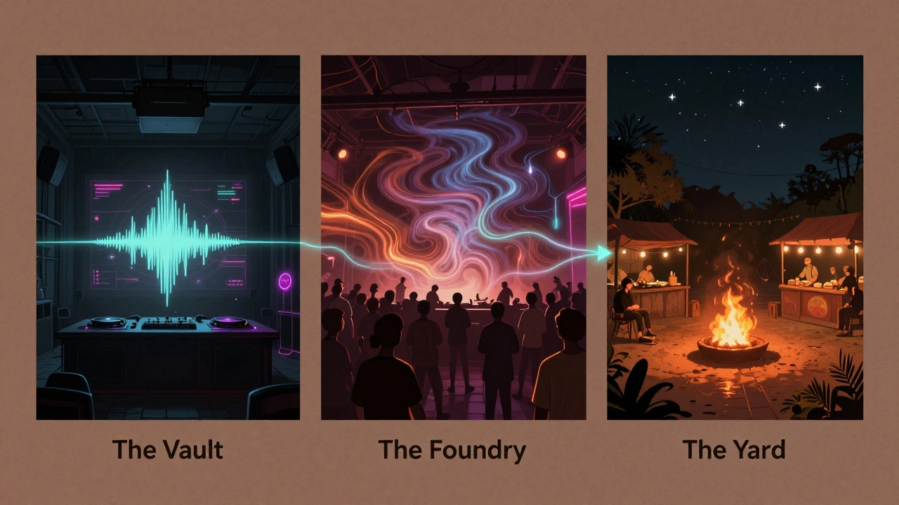 Three distinct music zones of Drumsheds depicted in one scene: intimate ambient room, bass-heavy dancefloor, and open-air yard with fire pits.