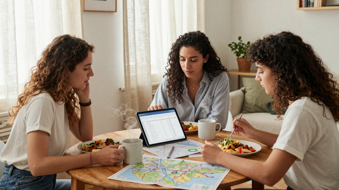 Three women sharing a meal and travel plans in a Lisbon hostel common room.