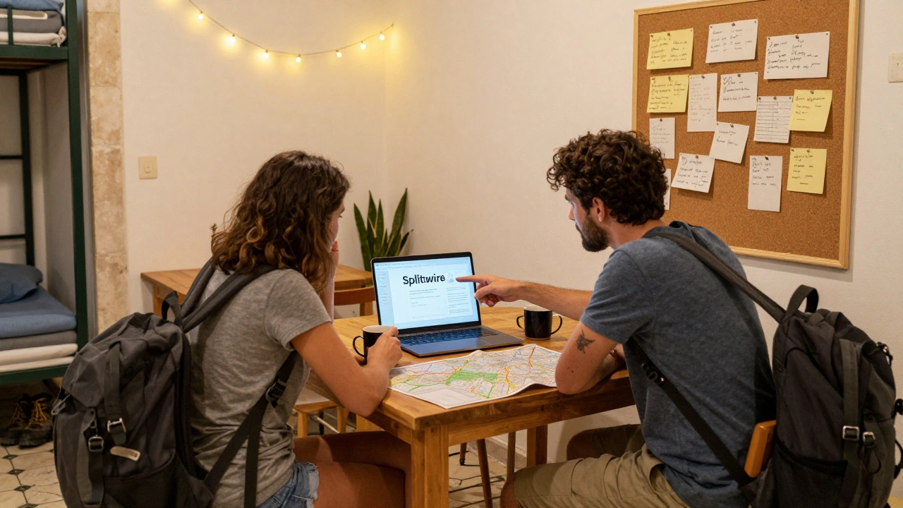 Travelers sharing a laptop with Splitwise at a hostel table, coffee mugs and a map between them.