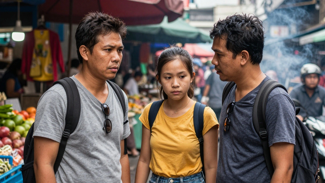 Two travelers in a Bangkok market—one being approached by a scammer, the other quietly intervening.