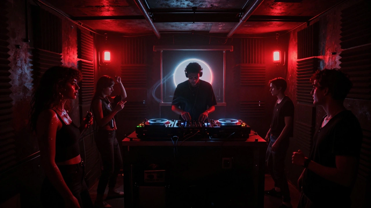 Underground 'The Box' room with intense techno crowd and vibrating bass, dim red lighting.