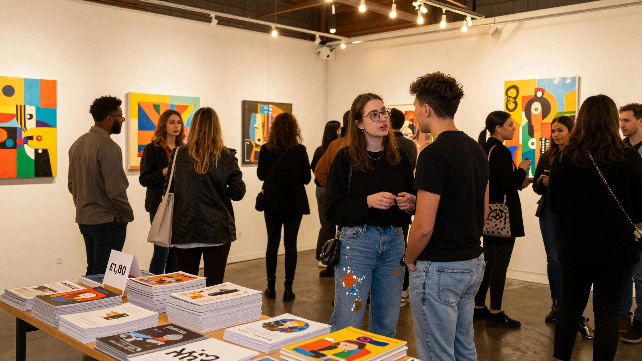 Vibrant pop-up art gallery opening in East London with attendees viewing emerging artists' works.