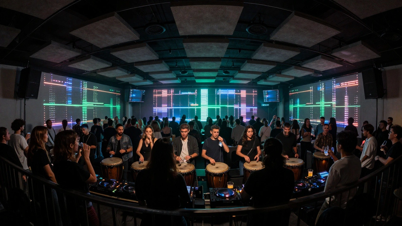 View from the balcony as sound remains clear and precise, with lighting synced to music frequencies.