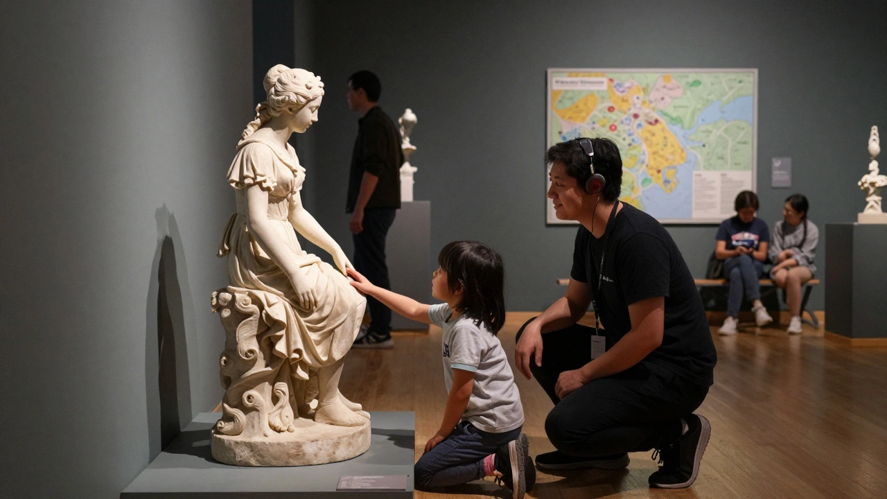 A child touching a tactile sculpture replica during a quiet Sensory Sunday at the Victoria and Albert Museum.