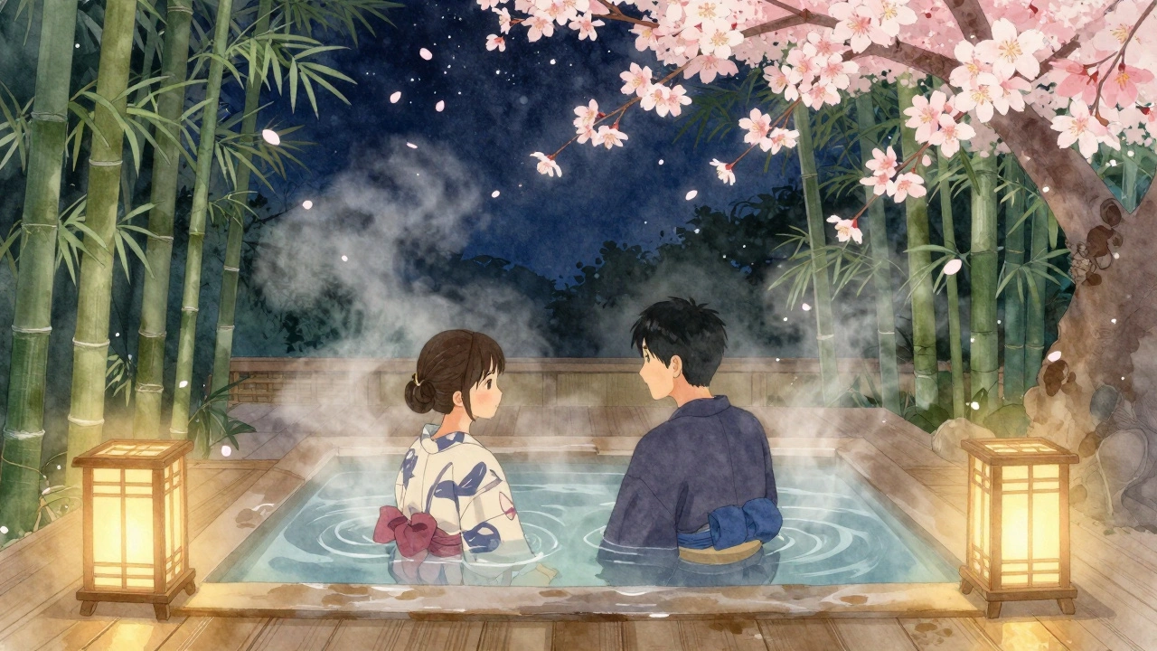 A couple in yukatas soaking in a quiet Kyoto onsen at night, steam rising under starry skies.
