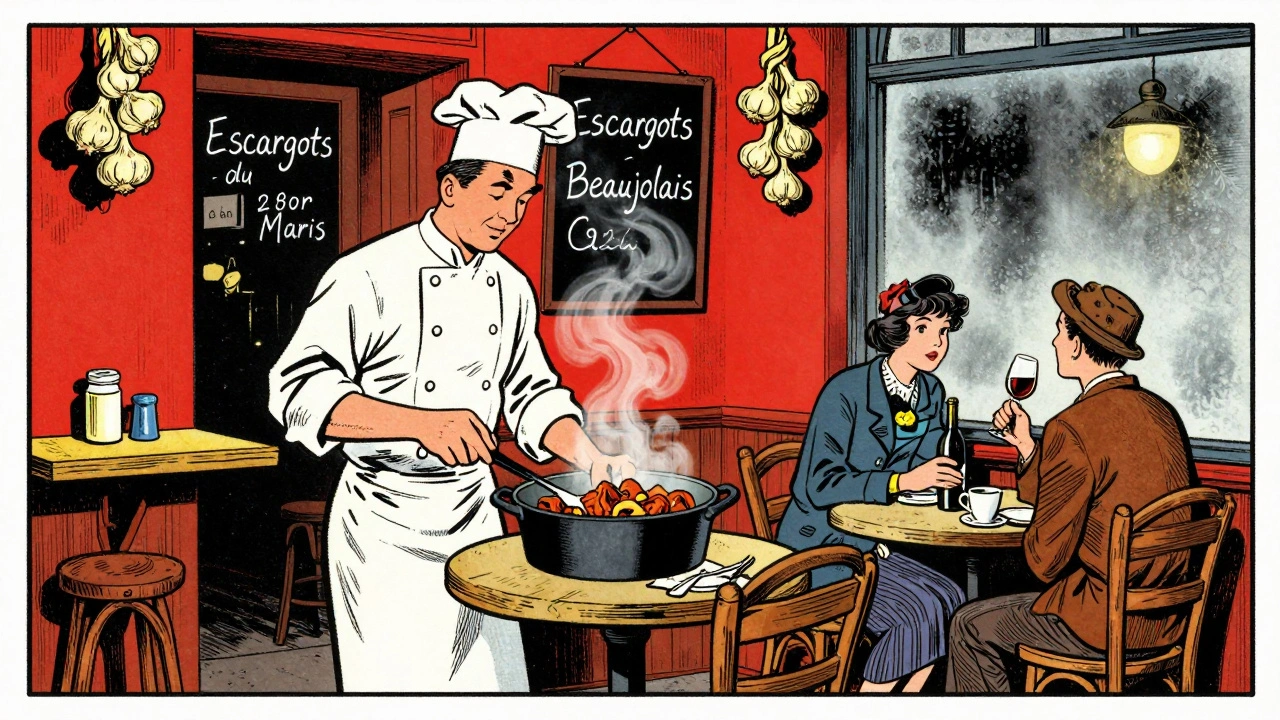 A French bistro at night with a chef stirring coq au vin, a chalkboard menu, and a couple sharing wine by a fogged window.