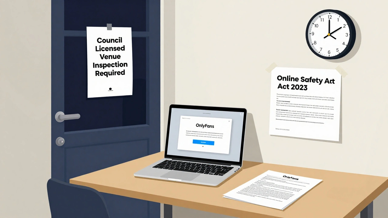 A home webcam studio with legal documents, consent forms, and the Online Safety Act 2023 displayed prominently.