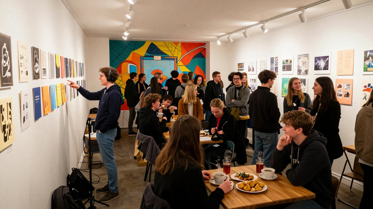 A lively community gathering at Rye Lane Gallery featuring young artists' photography and zines, with people sharing food and laughter.