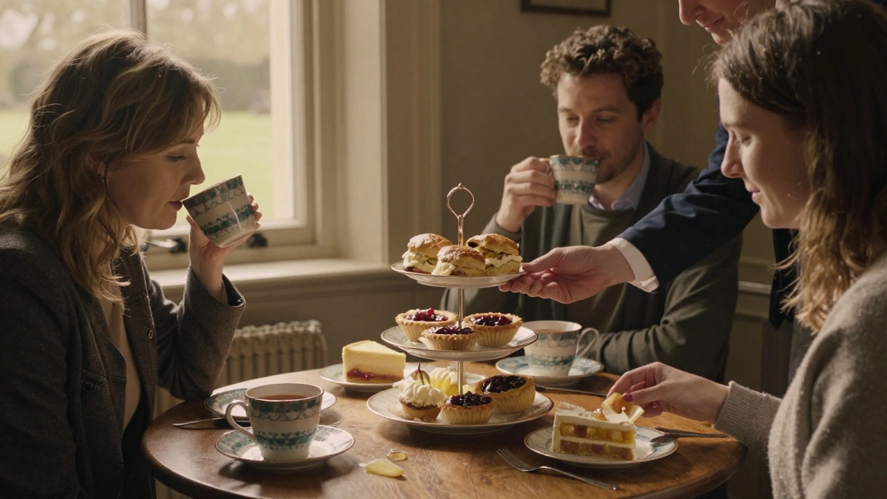 A quiet afternoon tea service at Hyde Park's Tea &amp; Tarts, with scones, jam tarts, and a complimentary rhubarb tart on stoneware.