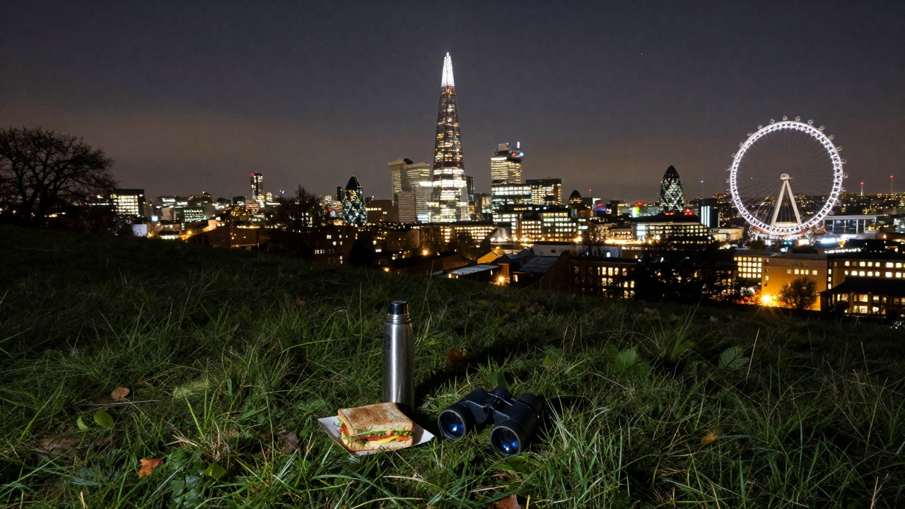 A quiet hilltop view of London’s illuminated skyline at night, with a blanket and thermos on the grass.