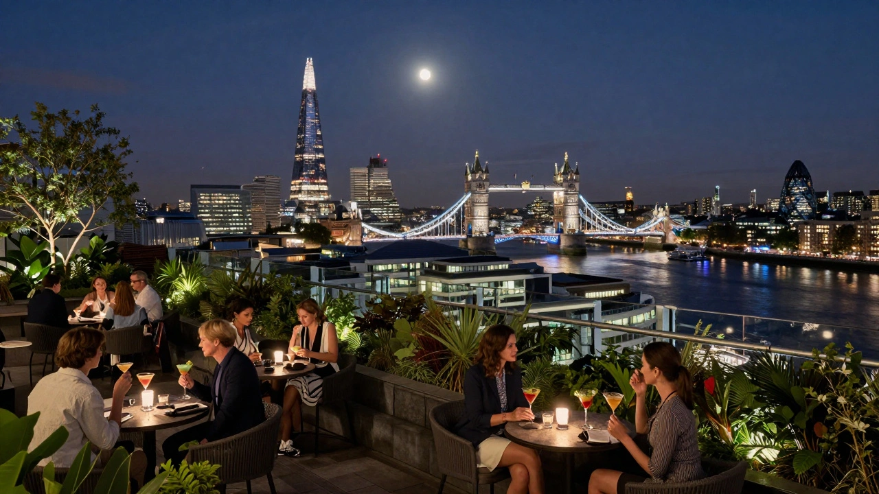 A serene rooftop garden at night with panoramic views of London’s skyline and guests enjoying cocktails among plants.