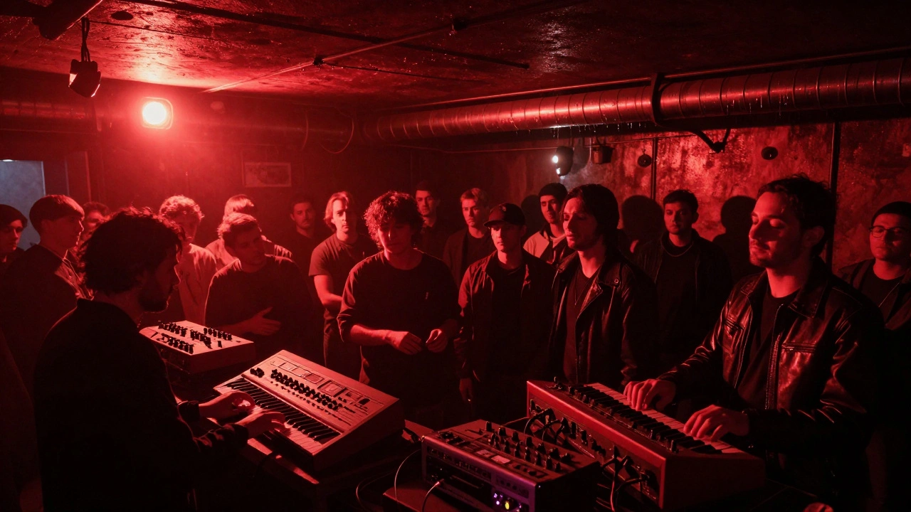A small dark room with a noise artist performing under red light, crowd lost in intense bass.