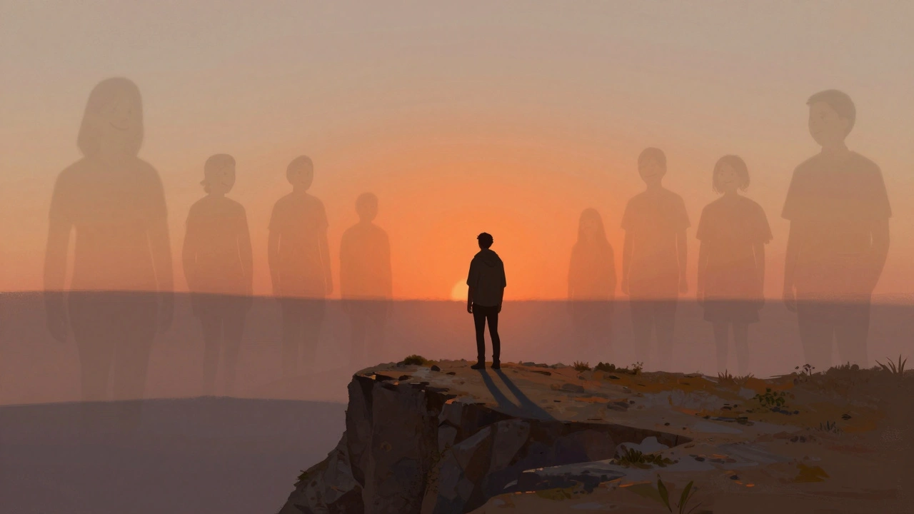 A solitary figure on a cliff at sunset, with fading ghost-like silhouettes of past travel companions behind them.